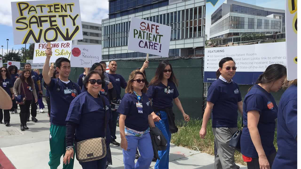 Nurses stage a protest march near Valley Medical Center in San Jose 